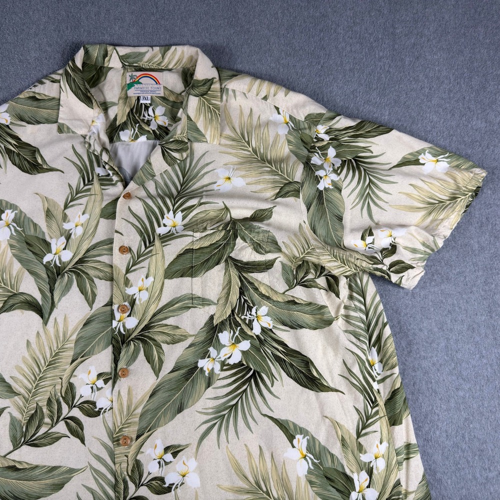 Vintage Paradise Found Shirt Mens 3XL Green Floral Camp Collar Hawaiian Rayon